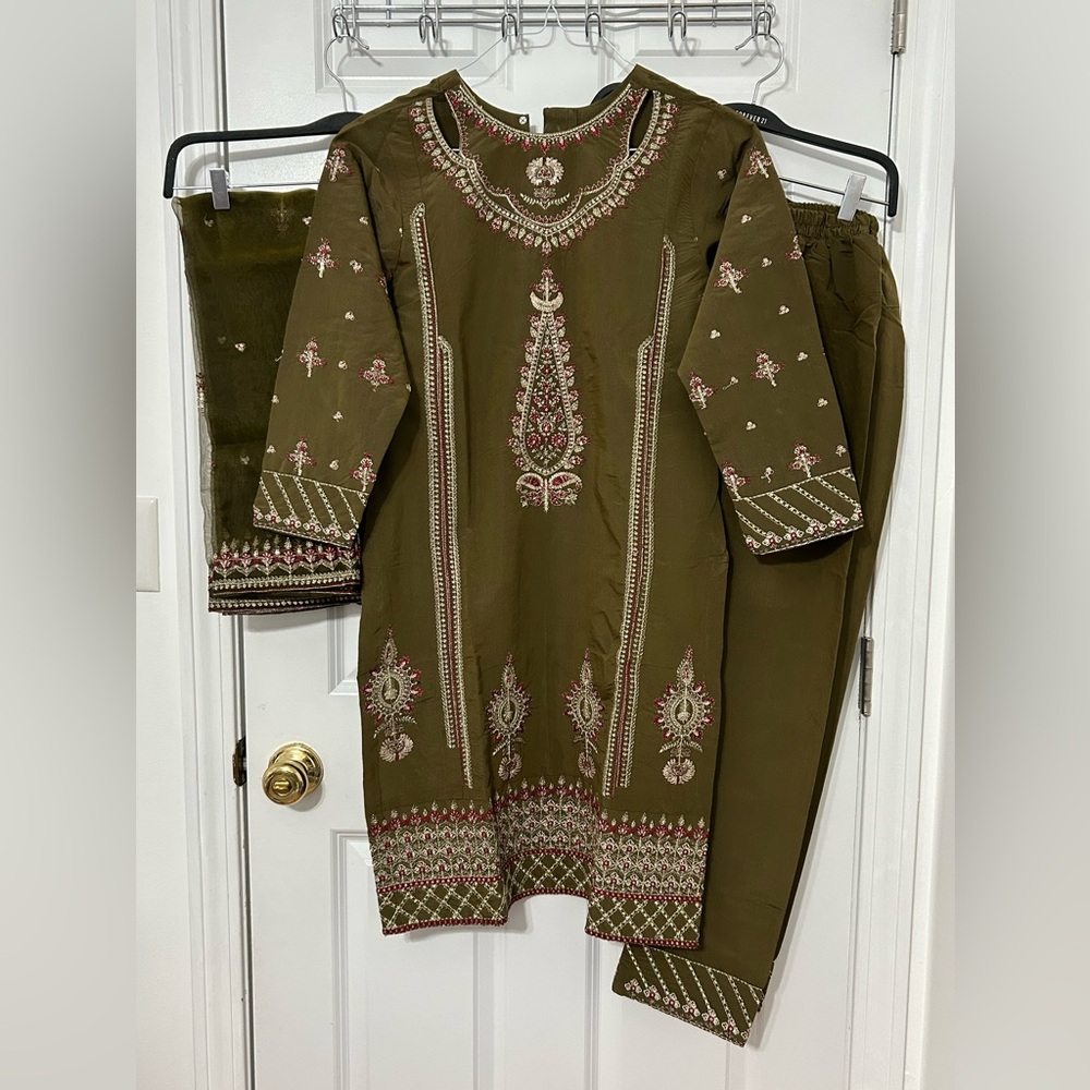 Meraki 3 piece stitched luxury pret Pakistani suit olive color in cotton net